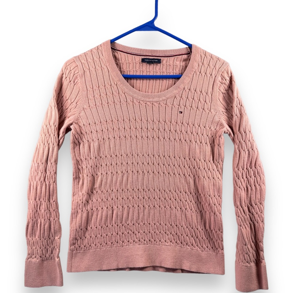 Tommy Hilfiger Womens Pink Scoop Neck Cable Knit Long Sleeve Sweater Small